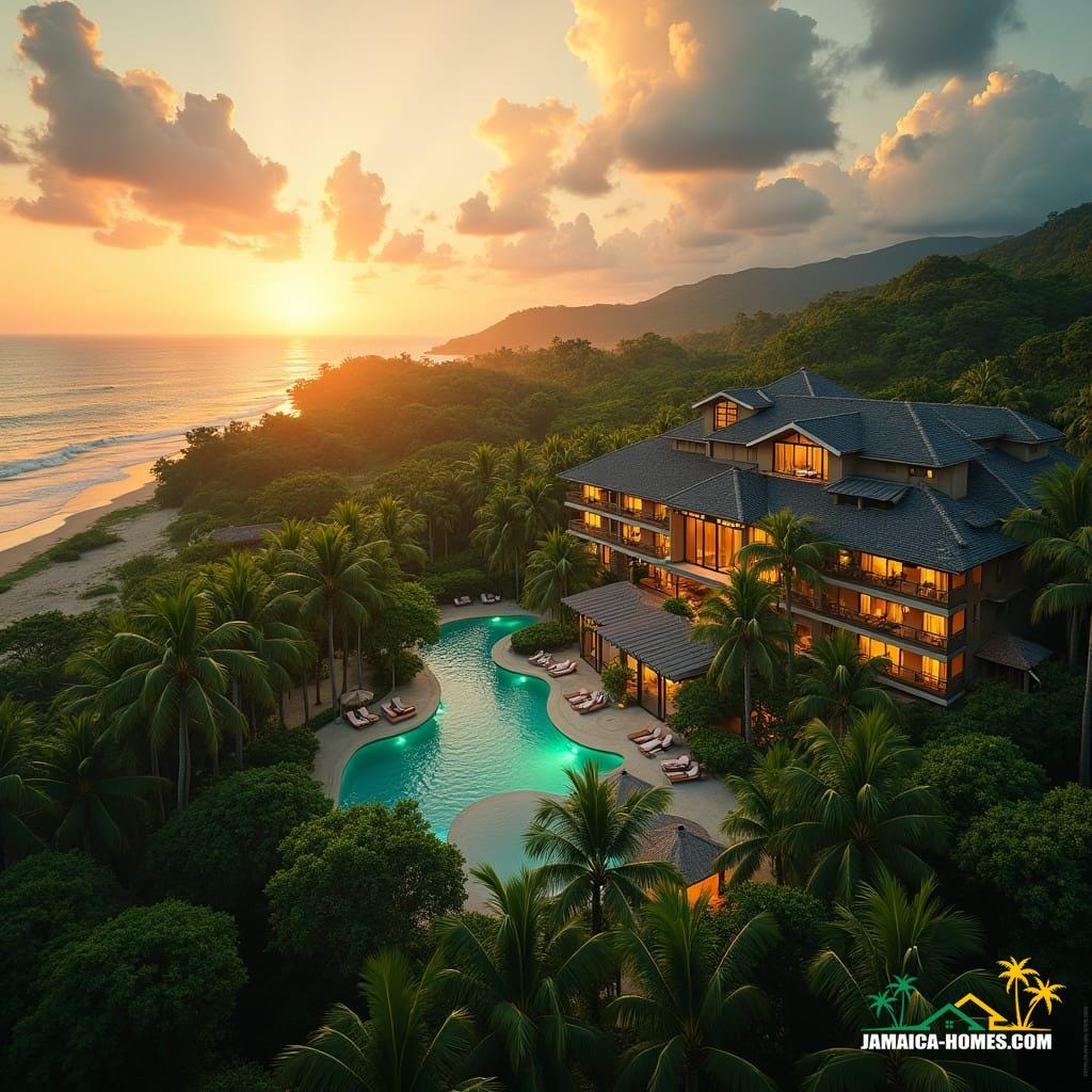 majestic, eco-friendly resort in Jamaica's lush tropical landscape, seamlessly blending into the surrounding environment, with green building materials, solar panels, and energy-efficient designs, as the warm, golden light of a Caribbean sunset casts a cinematic glow