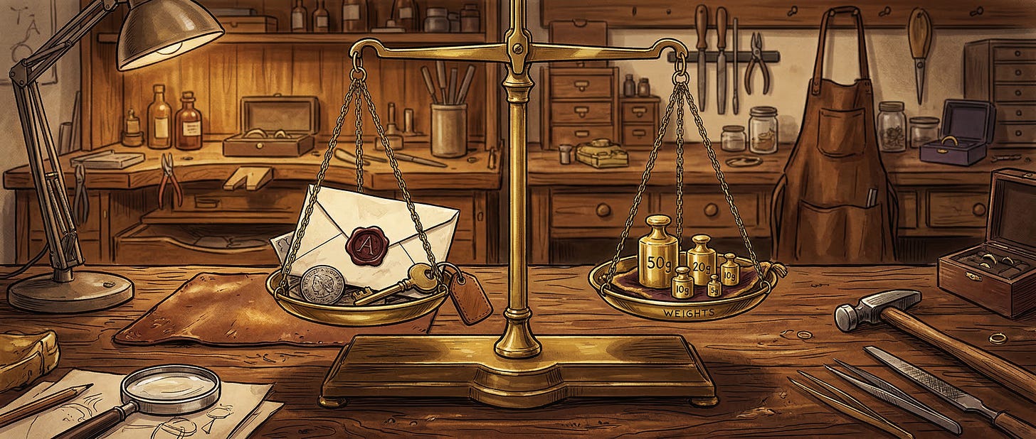 In a jeweller's shop, weights, an envelope and keys are all weighed together on a jeweller's scale.