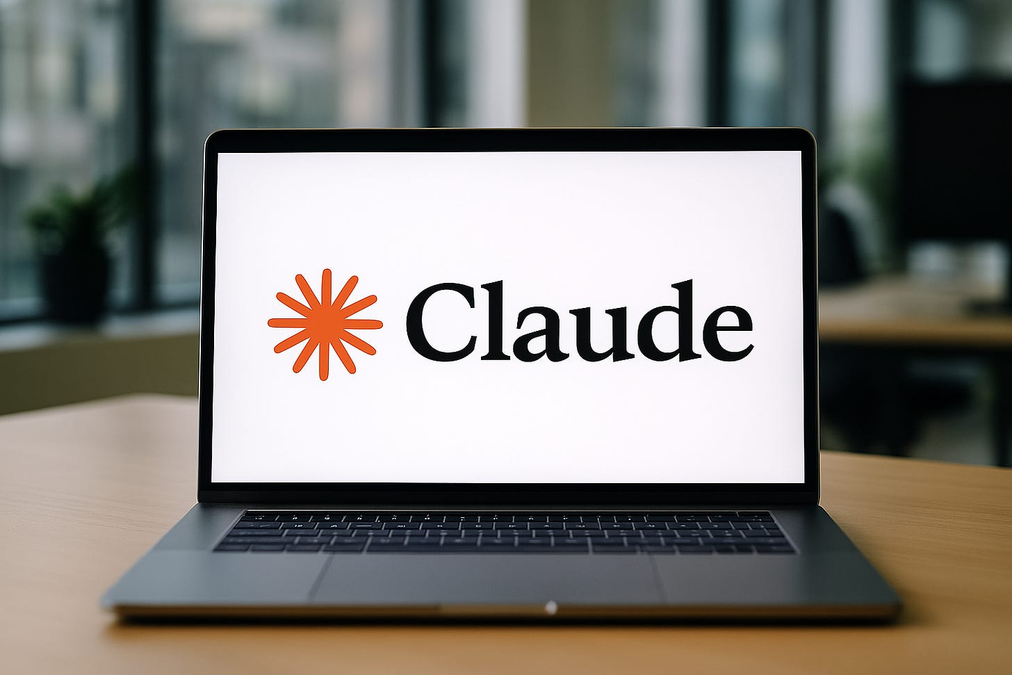 Un laptop deschis pe o masă modernă, afișând pe ecran sigla corectă a lui Claude AI, simbolizând lansarea versiunii Opus 4.1 și progresul tehnologic în domeniul inteligenței artificiale conversaționale.
