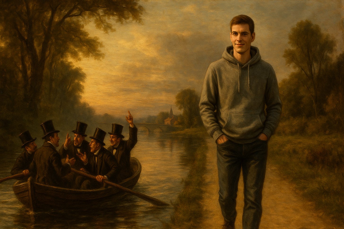A young man in a modern hoodie walks calmly along a riverside path while 19th-century gentlemen in top hats argue in a rowboat drifting the other way, oil painting.