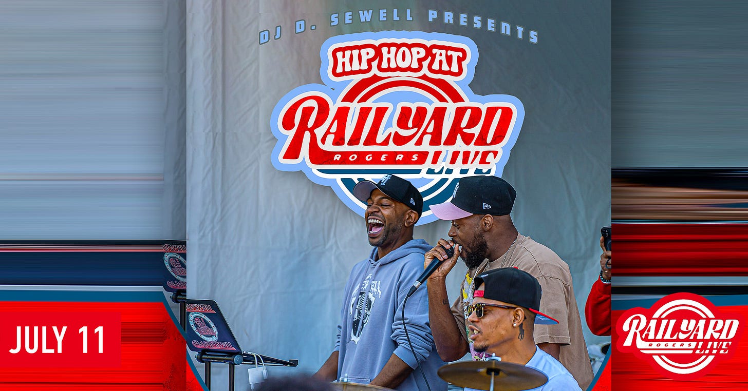 May be an illustration of ‎3 people and ‎text that says '‎DJD. D SEWELL DJ D- PRESENTS HIP HOP HAPHOPAT AT RAILYARD ROGERSI|IIC S 1MC ROGERS F ยบ 6/AeT ကြိ JULY 11 さ RAILYARD پسر BOCC IA!O‎'‎‎