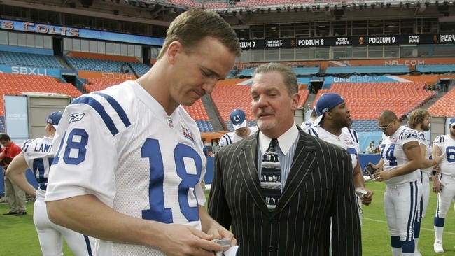 Colts Jim Irsay crawls back to peyton manning with statues & jerseys 2016 nfl Colts Jim Irsay crawls back to peyton manning with statues & jerseys 2016 nfl