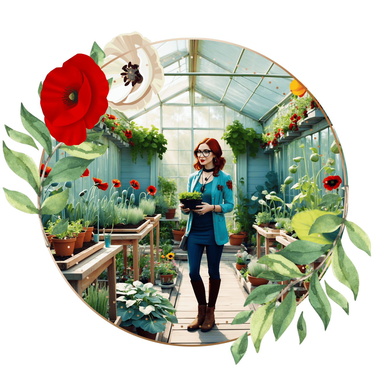 An image of a smart woman in her greenhouse, there are red poppies around her and she has red hair that frames her face 