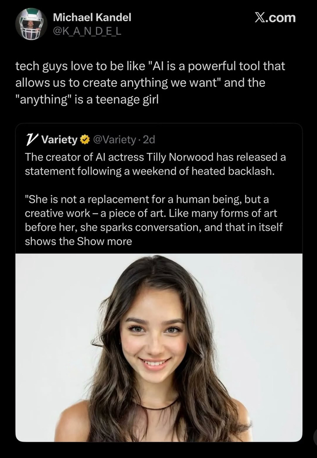 Screengrab of a tweet about Tilly Norwood with the caption that says tech guys love to be like "Al is a powerful tool that allows us to create anything we want" and the "anything" is a teenage girl