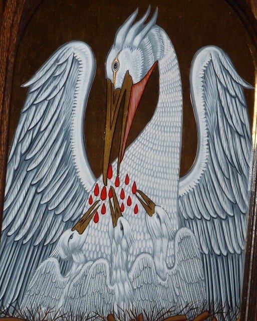 Christian Iconography of "Pelican in her Piety" Designed by Robert Kilgour, made by Stephen Florence and painted by Peter Murphy for Hereford Cathedral.