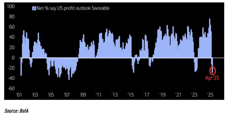 May be an image of text that says '100 80 Net Net%say say US profit outlook favorable 0 60 40 20 20 -40 60 01 03 05 '07 Source: BofA 13 Ο Apr'25 17 23 25'