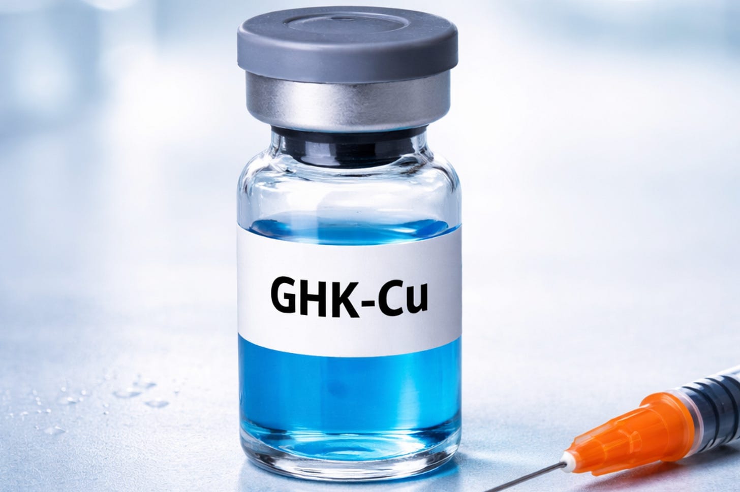A vial of GHK-Cu next to a syringe