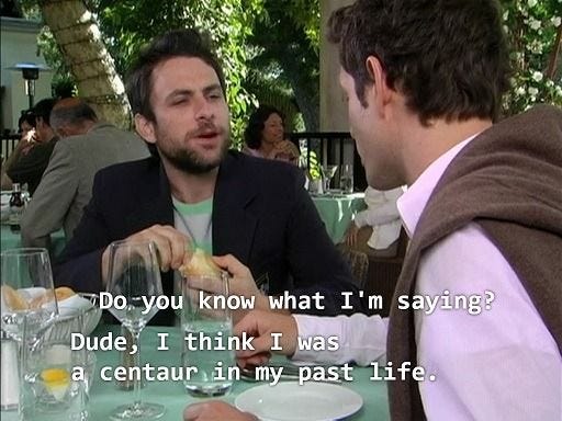 This may contain: two men sitting at a table with food in front of them and the words do you know what i'm saying? dude, i think i was a century in my past life