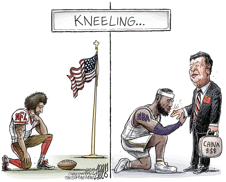 April 23, 2021 - Cartoon - LeBron James kneels to Xi Jinping & the CCP