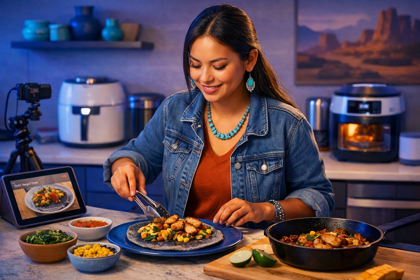 Nelly, a young Navajo food creator, prepares a blue corn tortilla topped with seasoned chicken and vegetables in a modern New Mexico kitchen, surrounded by smart cooking appliances and tech tools, blending traditional techniques with contemporary food technology.