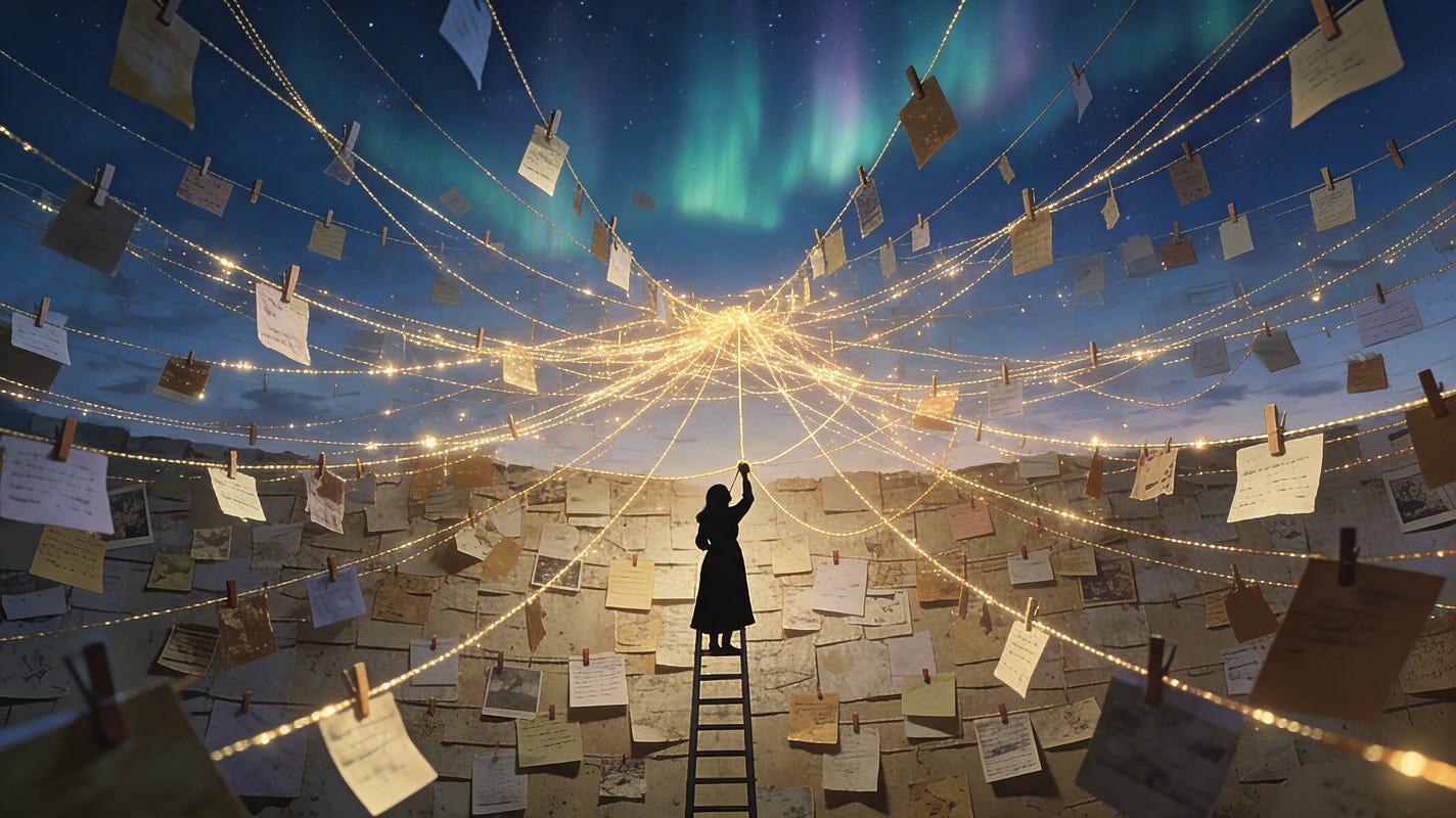 Insanecyclopedia cover. A small silhouette of a woman in a long robe stands on a ladder under a night sky filled with thousands of pinned notes, all joined by a tangle of glowing gold string. Insanecyclopedia cover. A small silhouette of a woman in a long robe stands on a ladder under a night sky filled with thousands of pinned notes, all joined by a tangle of glowing gold string.