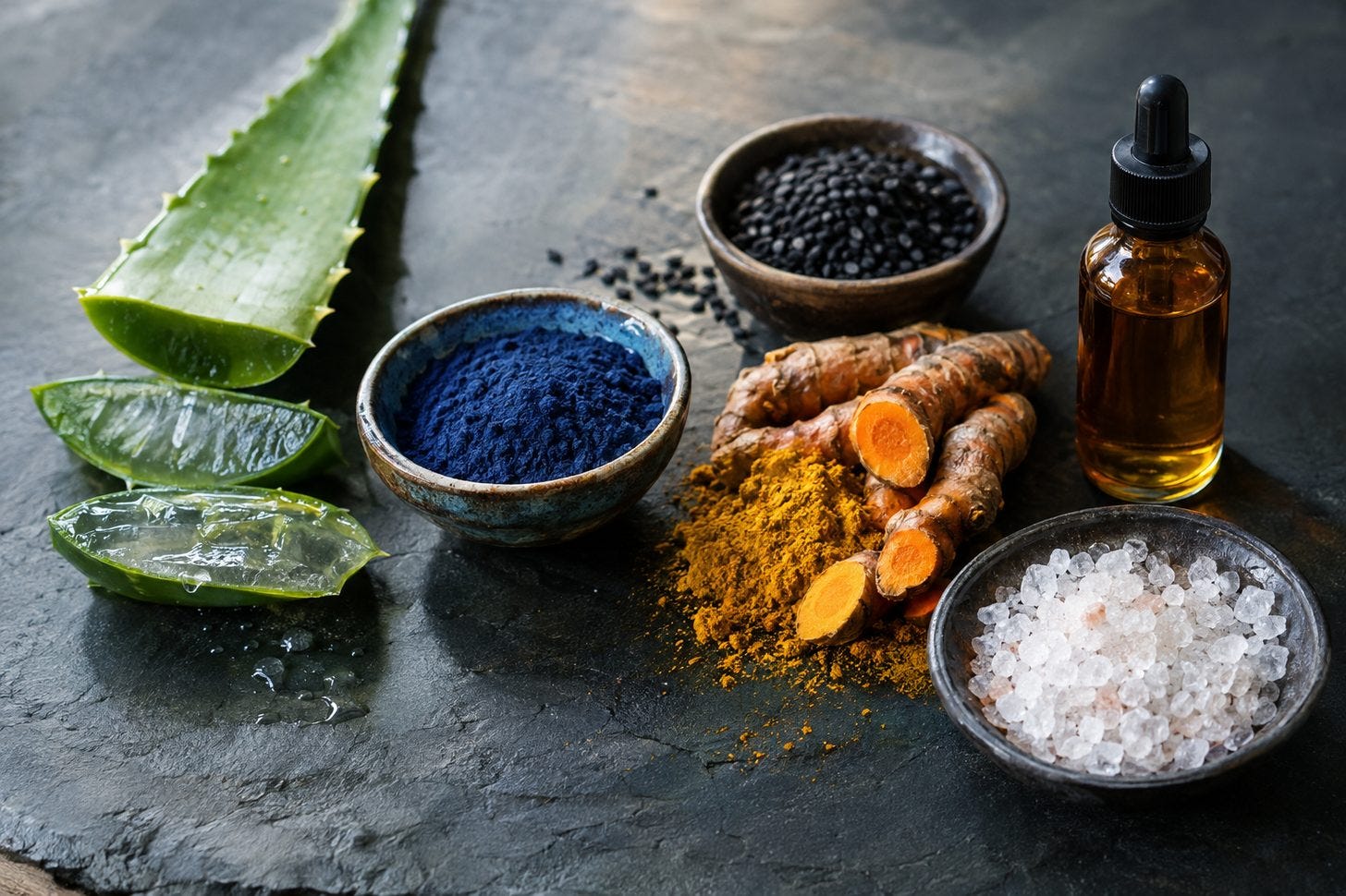 Aloe, indigo naturalis, turmeric, black seed and Dead Sea salt — a psoriasis apothecary. Aloe, indigo naturalis, turmeric, black seed and Dead Sea salt — a psoriasis apothecary.