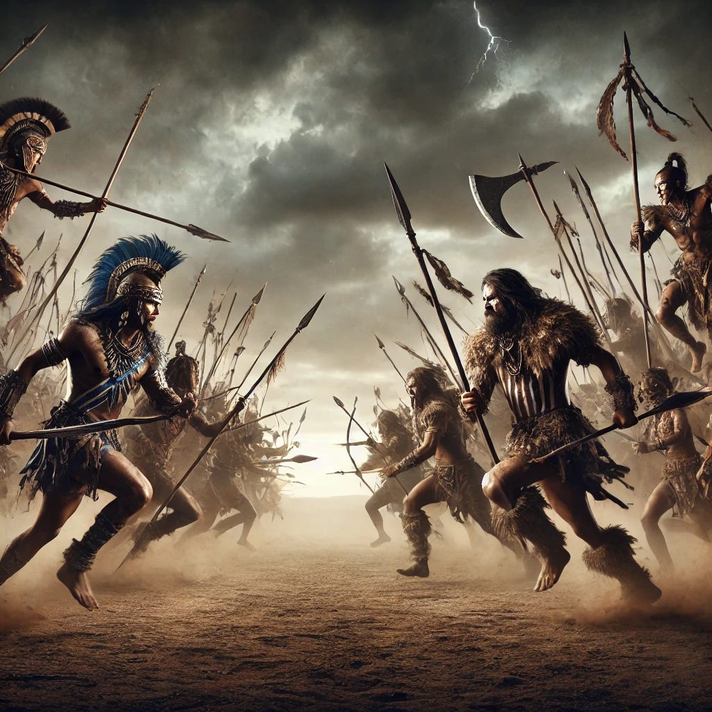 A powerful and intense scene of two ancient tribes going to war on an open battlefield. Warriors from both sides, wearing traditional tribal armor and war paint, charge toward each other with spears, bows, and axes raised. The sky is dark and stormy, with lightning flashing in the distance. The ground is dusty and filled with the chaos of battle cries, flying arrows, and warriors clashing. The image captures the tension and determination on their faces as they prepare for an epic confrontation.