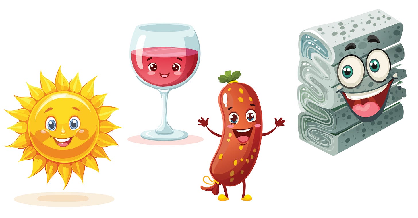 A cheerful cartoon illustration featuring four animated objects: a smiling sun with rays, a glass of red wine with a happy face, a sausage with arms and legs wearing yellow shoes, and a stack of asbestos wall panels with a grinning expression.