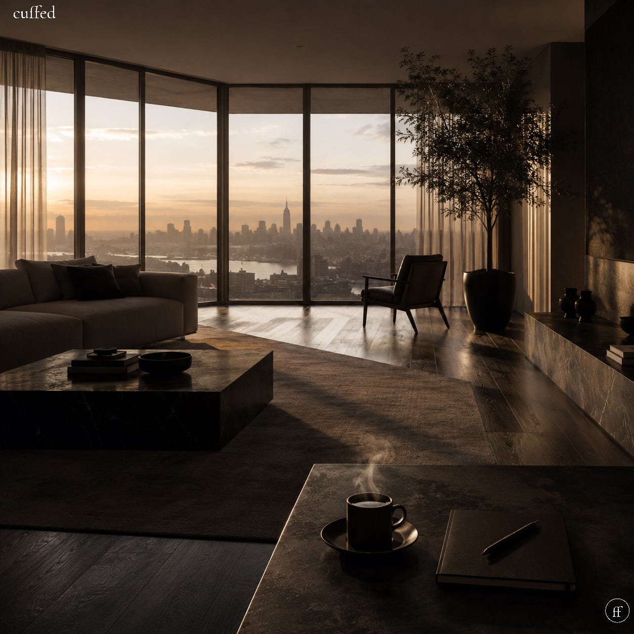 moody penthouse living room at golden hour, floor-to-ceiling windows overlooking city skyline, sheer curtains, dark leather armchair, coffee cup with steam on stone table beside open journal and pen, cuffed wordmark top-left, black fused ff logo bottom-right. masculine introspection, solitude, stillness. cuffed quote graphic background, emotional dysregulation musing. moody penthouse living room at golden hour, floor-to-ceiling windows overlooking city skyline, sheer curtains, dark leather armchair, coffee cup with steam on stone table beside open journal and pen, cuffed wordmark top-left, black fused ff logo bottom-right. masculine introspection, solitude, stillness. cuffed quote graphic background, emotional dysregulation musing.