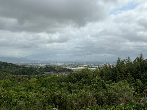 Three grey koi carp swim together in a river, two photos of the view over Kumamoto plain and Uto town