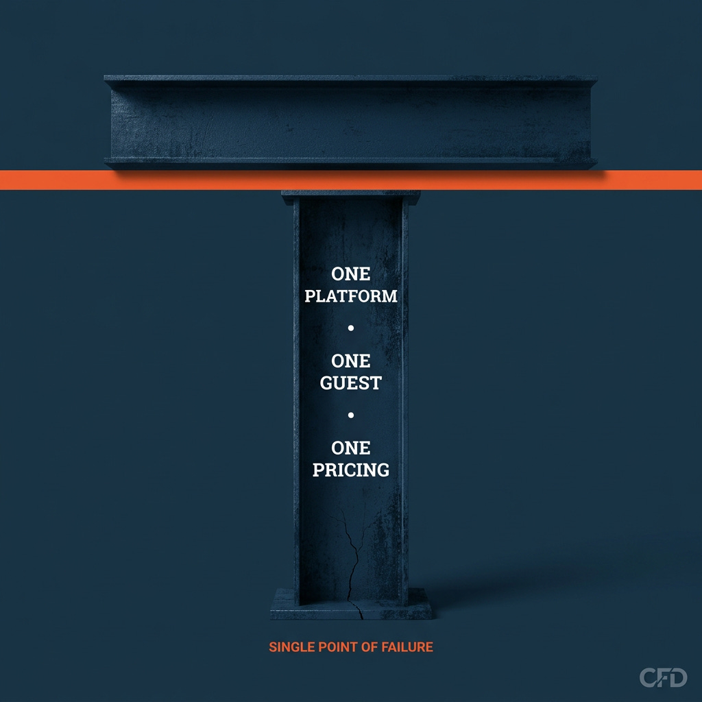 Single Point of Failure visualization — brittle vertical pillar with hairline crack supporting heavy weight Single Point of Failure visualization — brittle vertical pillar with hairline crack supporting heavy weight