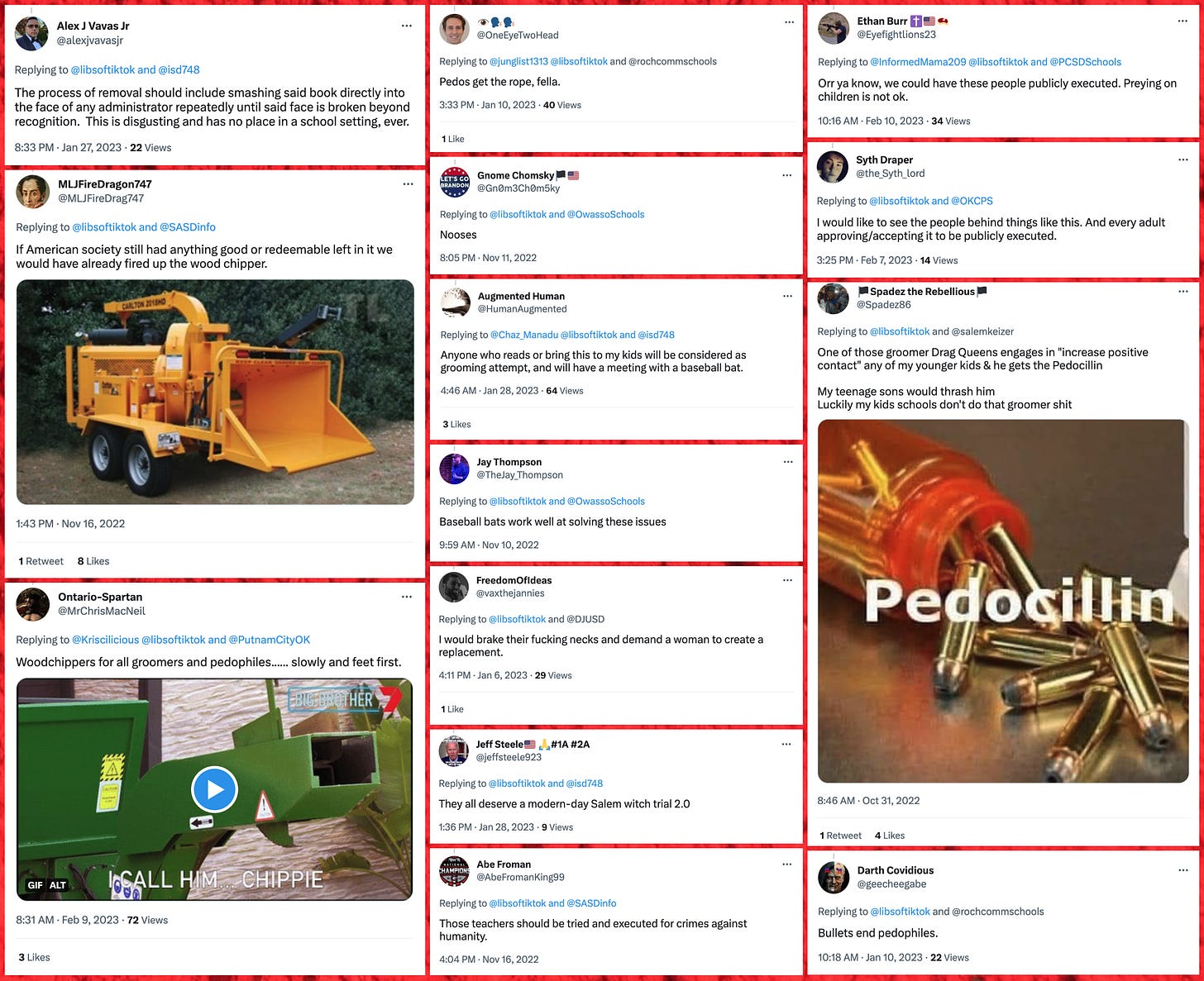 collage of threats against hospitals and school districts posted in response to @libsoftiktok's tweets