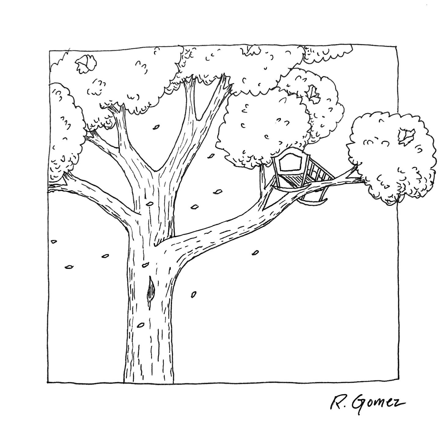 Image is an ink line drawing of a cradle high in a treetop.
