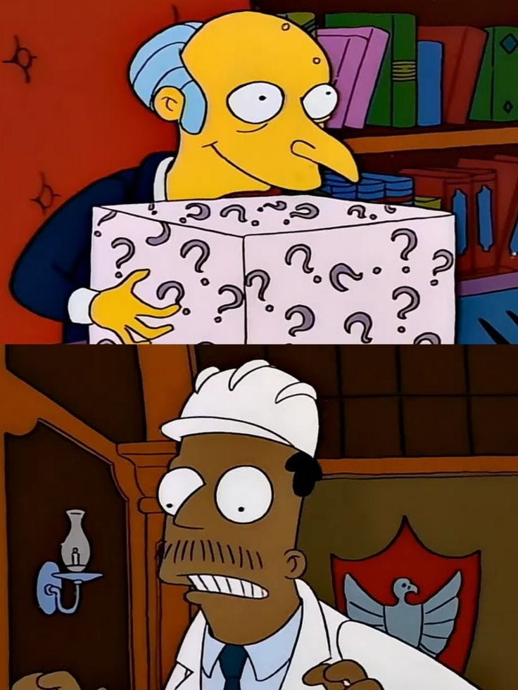 El señor Burns, de Los Simpson, intentando sobornar a la comisión de seguridad nuclear ofreciéndoles una caja misteriosa. 