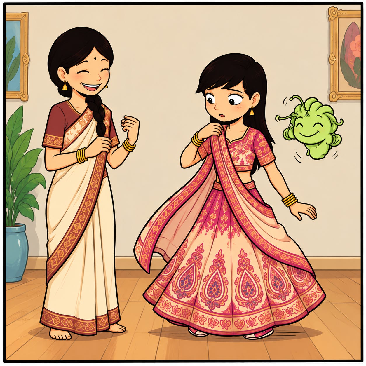 Ma helps Zara get dressed in a beautiful Indian outfit.