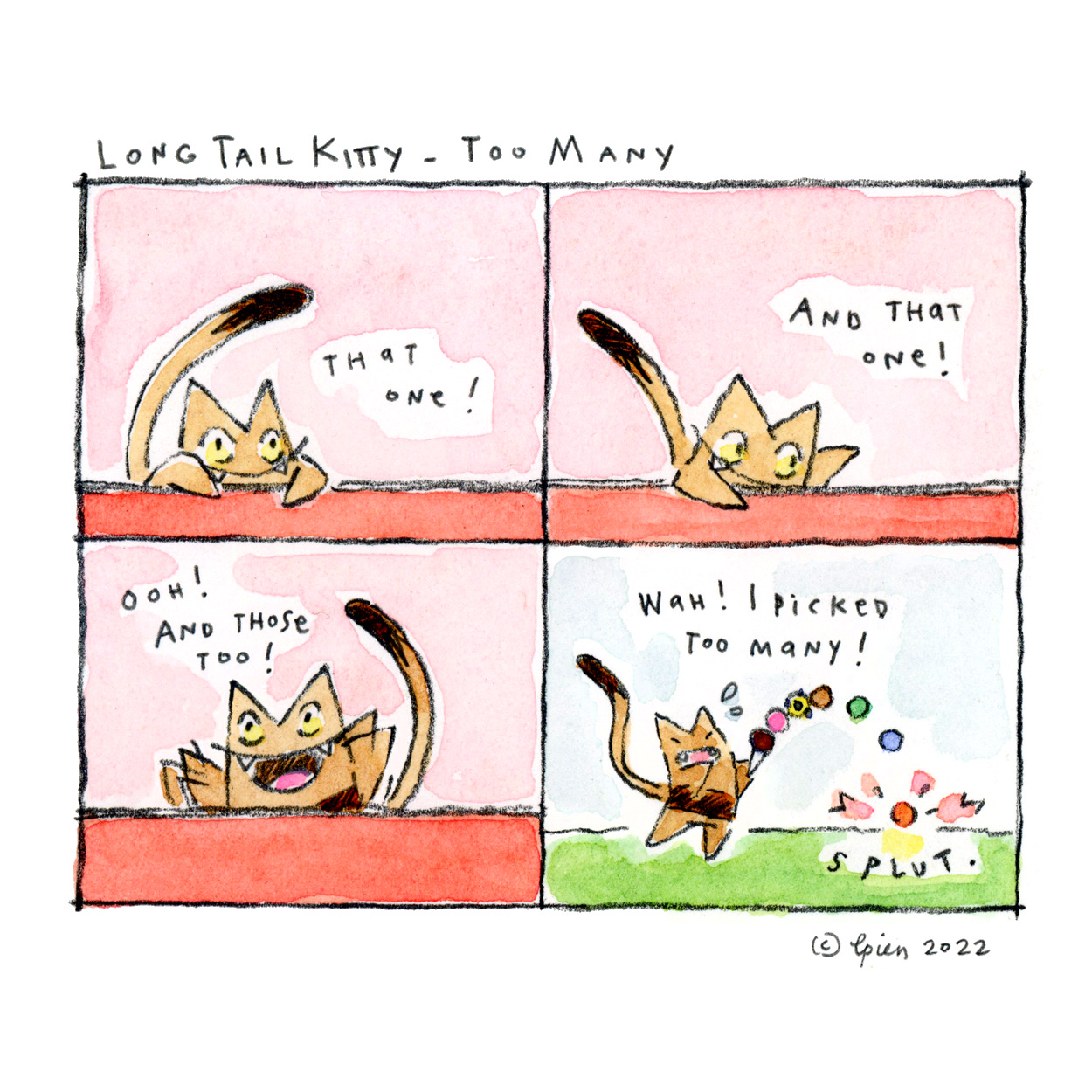 Long Tail Kitty is hanging on a counter and asking for one of those and one of those. Long Tail Kitty holds an icecream cone with many different colored scoops of icecream that are rolling off the cone.