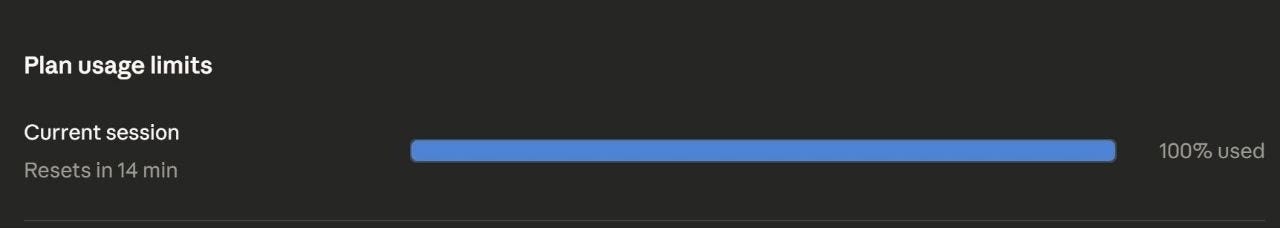 Claude Code plan usage limits showing 100% used, resets in 14 minutes
