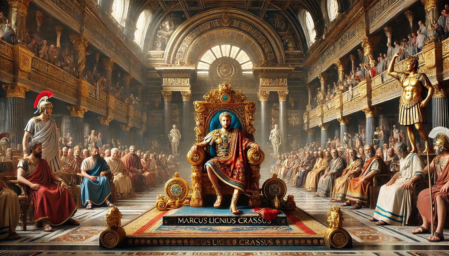 A grand scene featuring Marcus Licinius Crassus on a magnificent throne in the center of the Roman Senate, surrounded by opulent displays of wealth. The throne is richly adorned with gold, silver, and precious jewels, and Crassus himself is dressed in luxurious Roman attire with golden and silver embellishments. The Senate hall is filled with senators in traditional Roman attire, their expressions conveying awe or envy, while the walls are adorned with classical Roman architecture, statues, and intricate details. Crassus appears powerful and regal, embodying immense wealth and authority in a historical Roman setting.