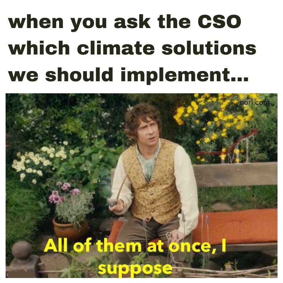 "when you ask the CSO which climate solutions we should implement..." above Bilbo Baggins in his garden saying "All of them at once, I suppose."