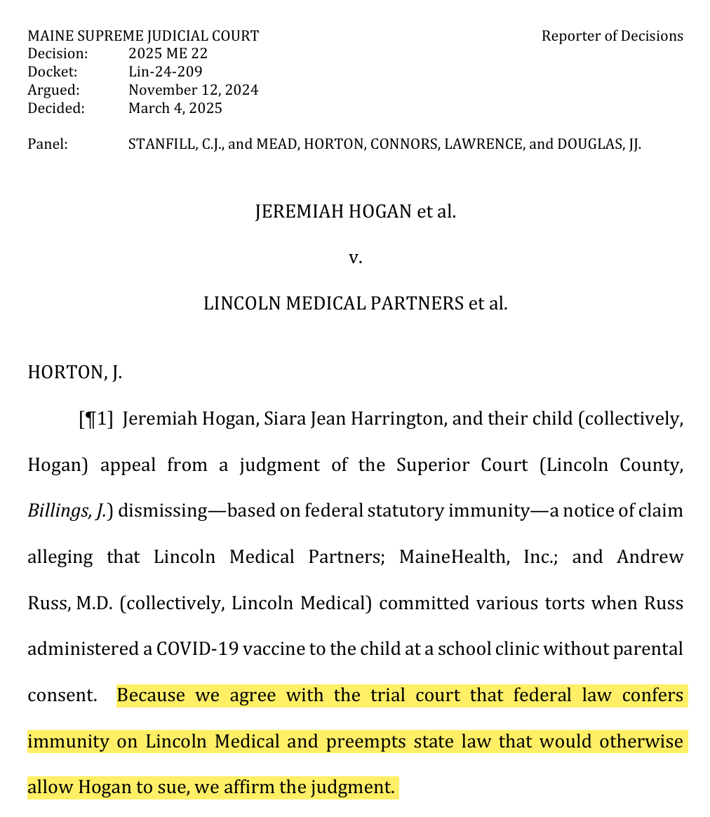 Maine's Supreme Court affirms the PREP Act liability shield for vaccinations of children against parental consent. 