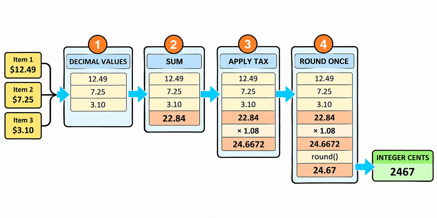 One invoice-patch trajectory moves through numeric representation, rounding order, edge cases, and a final patch.
