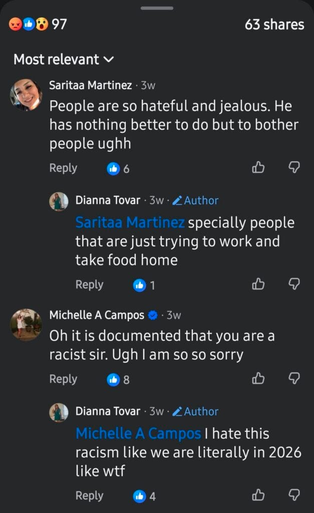 Dianna Tovar, married to the J&L Utilities worker. Her conclusion: "Everyone is RACIST!"
