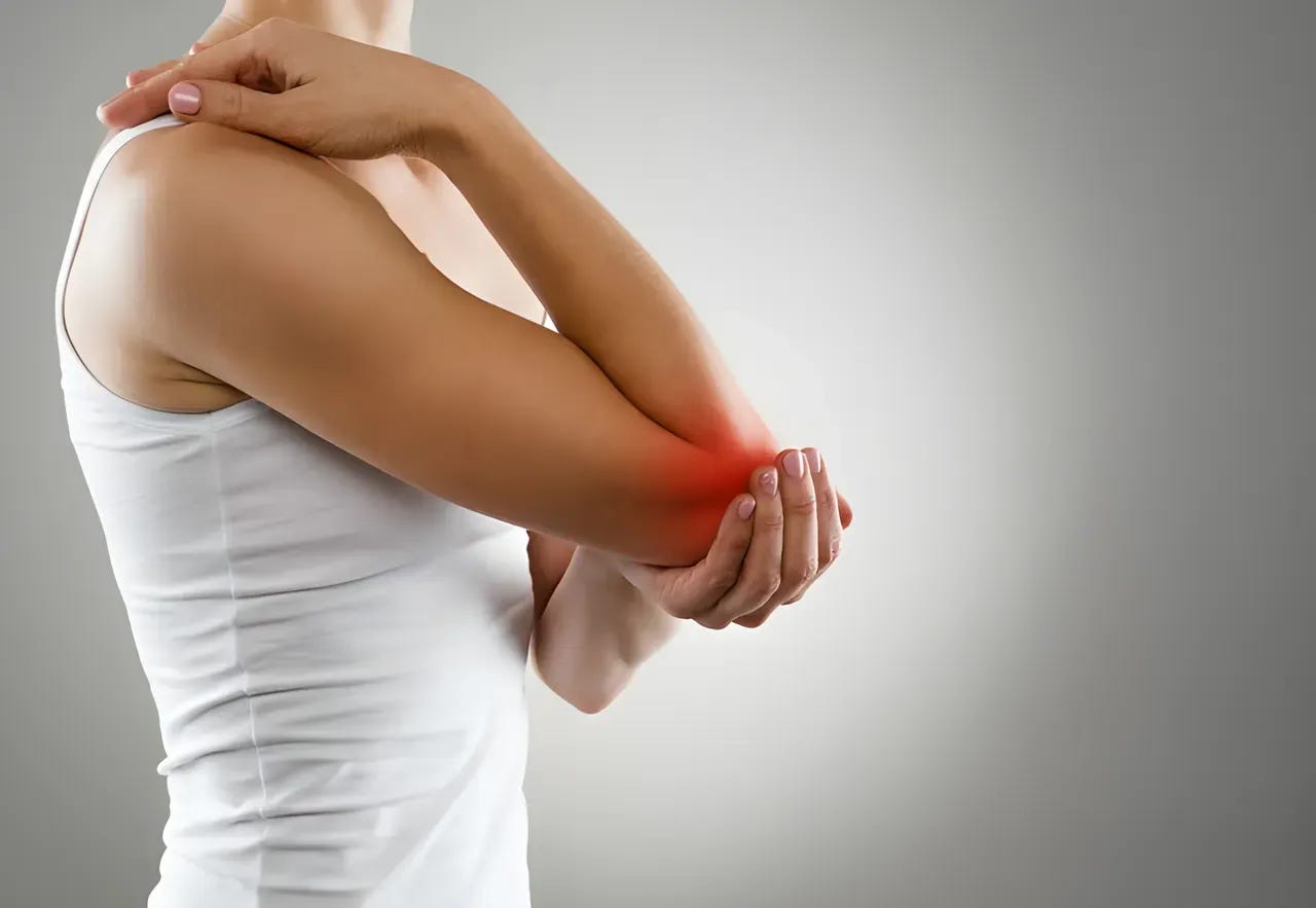 Person holding their elbow, which is red and inflamed. Person holding their elbow, which is red and inflamed.