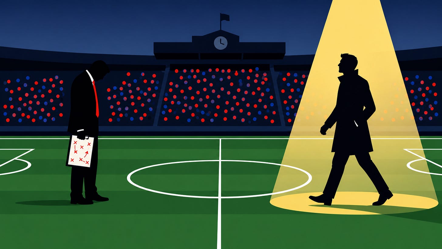 Minimal football pitch graphic with two opposing manager silhouettes and an empty centre of the pitch.