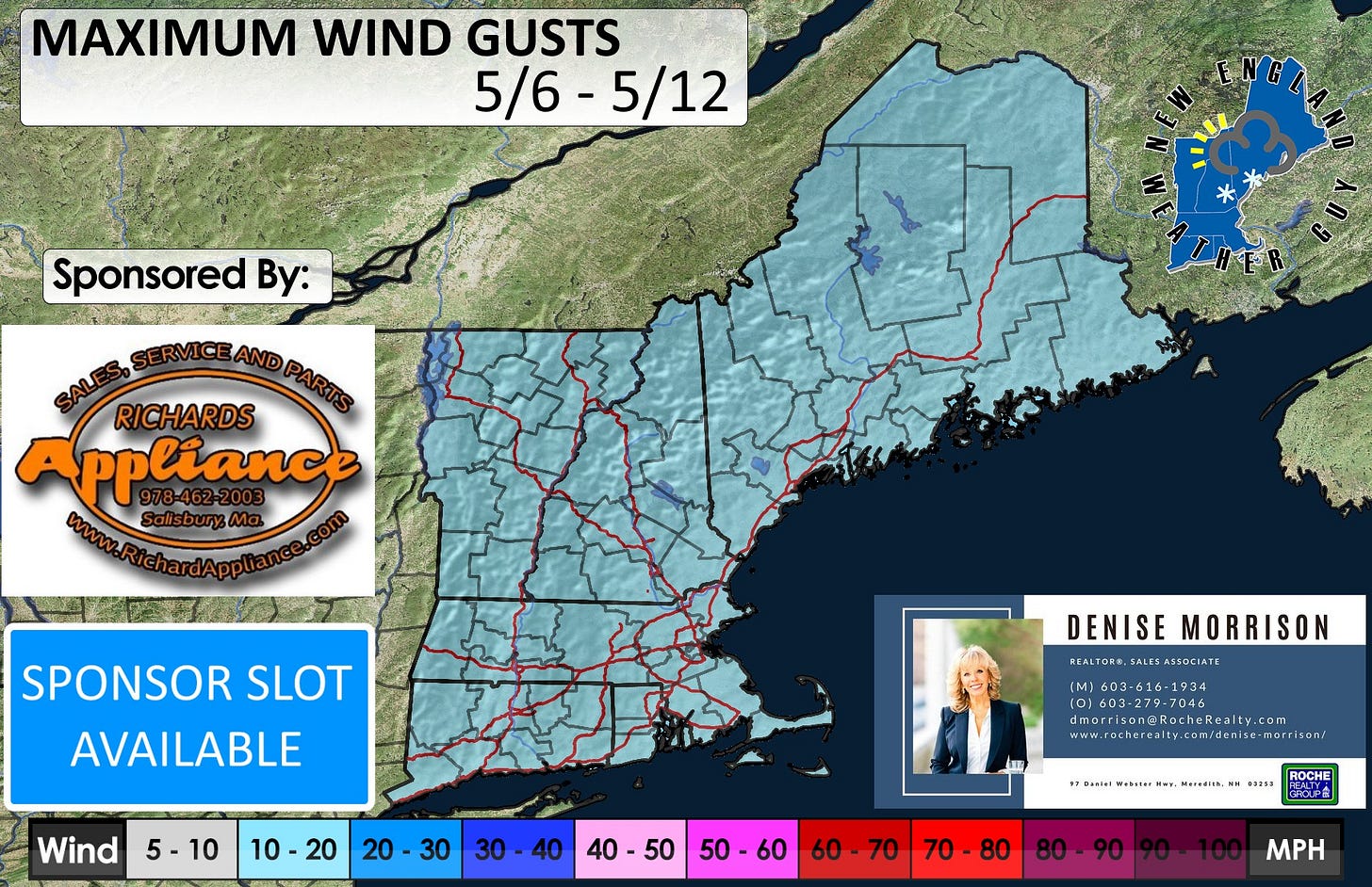 May be an image of 1 person, map and text that says 'MAXIMUM WIND GUSTS 5/6-5/12 5/6 -5/12 Sponsored By: RVIC AND PARTS RICHARDS Appliance MAW! SPONSOR SLOT AVAILABLE Wind DENISE DENISEMORRISON MORRISON REALTOR. .SALESASSOCIATE (M] 503-616-1534 5-10 10-20 10 20 30 dmarrisor@kocheReaity.com WwN.TOE ww.tocherealty.com/denian motrisan/ 30 30-40 40 40 40-50 50 50-60 inaradiah ●や2イ ROCHE 60 60-70 70 70 70-80 80 MPH'