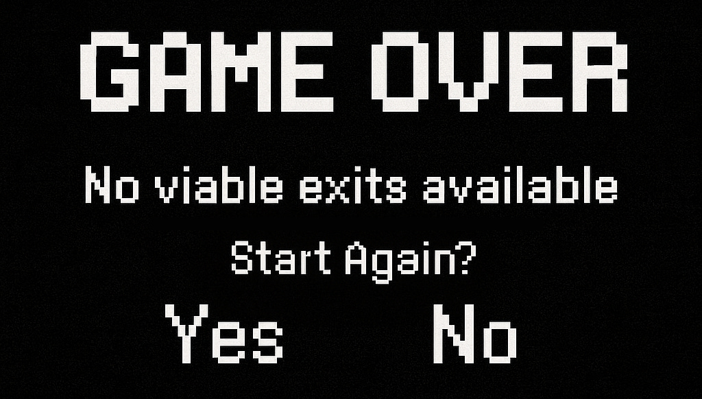 Game over screen with text “No viable exits available,” symbolizing startups trapped by overvaluation and preference overhang.