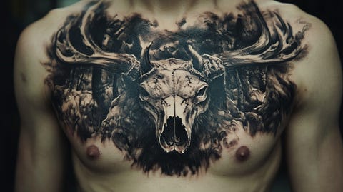 Fantastic monochrome wendigo tattoo on the chest of a man. Fantastic monochrome wendigo tattoo on the chest of a man.