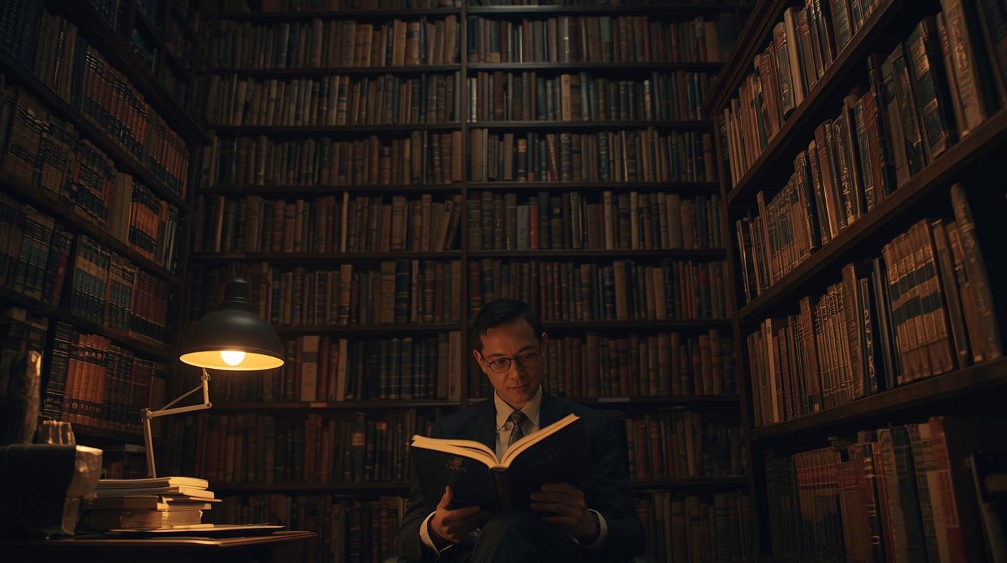A man reads a book by lamplight in a room with floor-to-ceiling shelves full of hundreds of books. (Created with AI.)