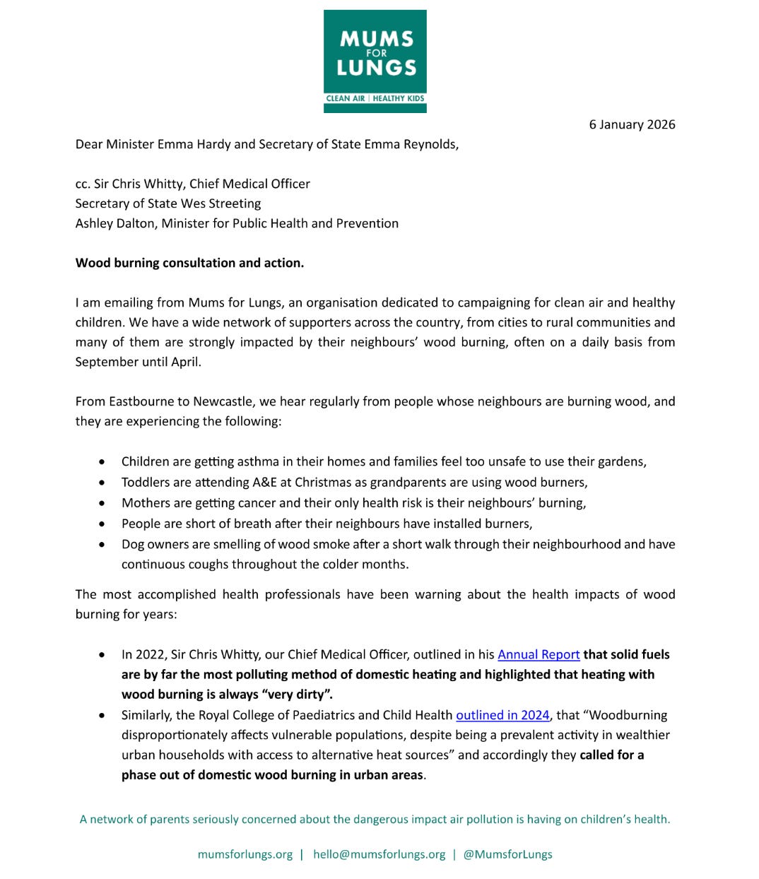 Letter to Secretary of State for the Environment from Mums for Lungs, highlighting impact of wood burning