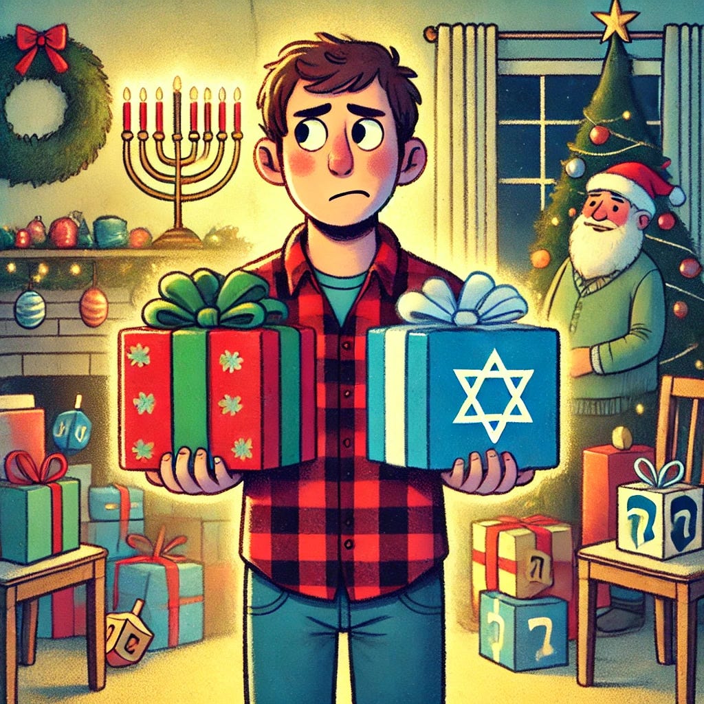 A person standing in front of another person with a slightly uncertain expression, holding a gift in each hand. One gift is wrapped in red and green with a Christmas tag, and the other in blue and white with a Hanukkah tag. The setting is festive, with a blend of decorations—half of the room has a Christmas tree with ornaments, while the other half has a menorah and dreidels. The atmosphere is warm but a bit humorous, reflecting the character's uncertainty.