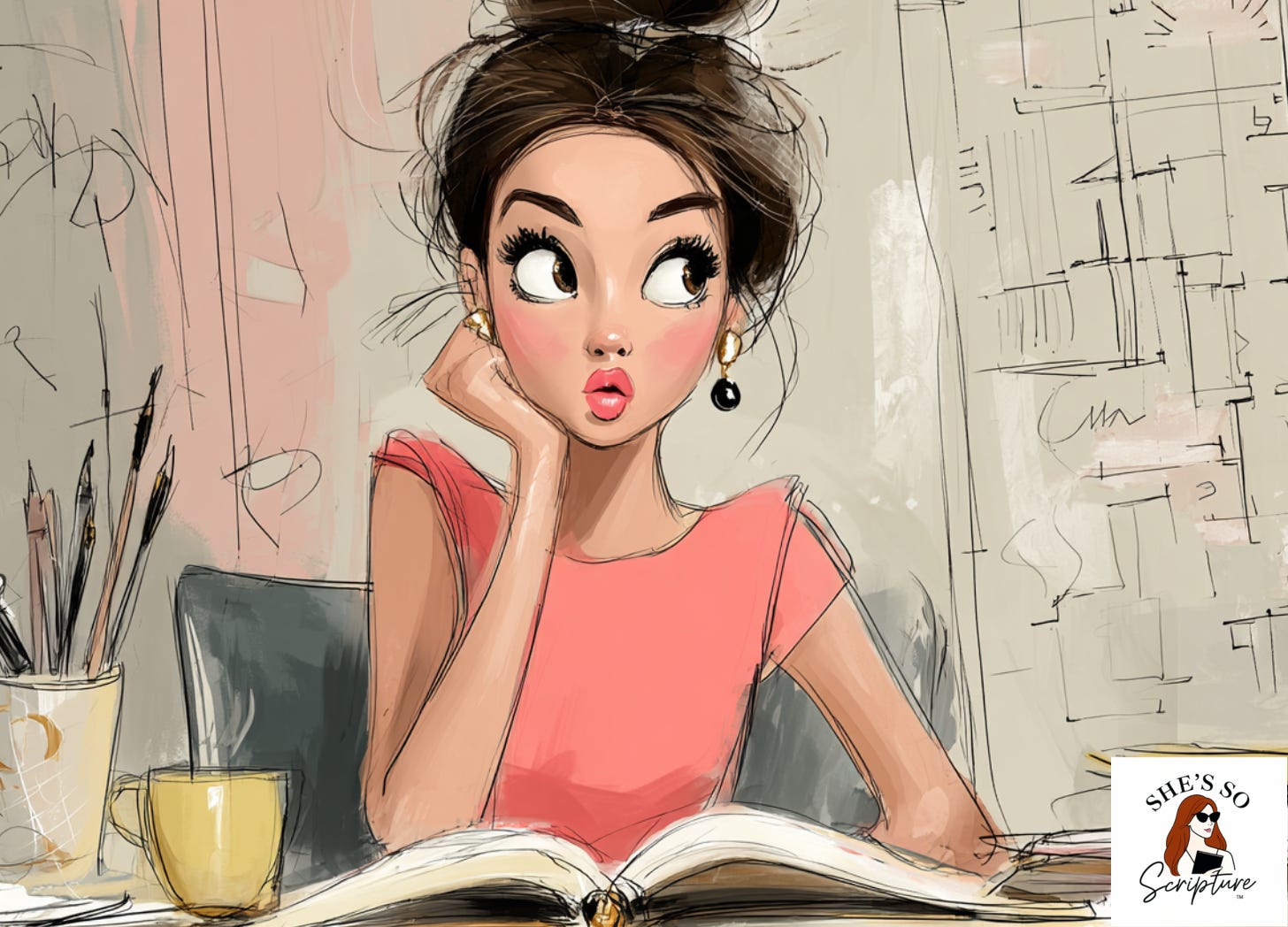 Whimsical watercolor illustration of a woman in a cream dress studying Scripture at a sunlit desk with architectural elements and Hebrew text surrounding her. Whimsical watercolor illustration of a woman in a cream dress studying Scripture at a sunlit desk with architectural elements and Hebrew text surrounding her.