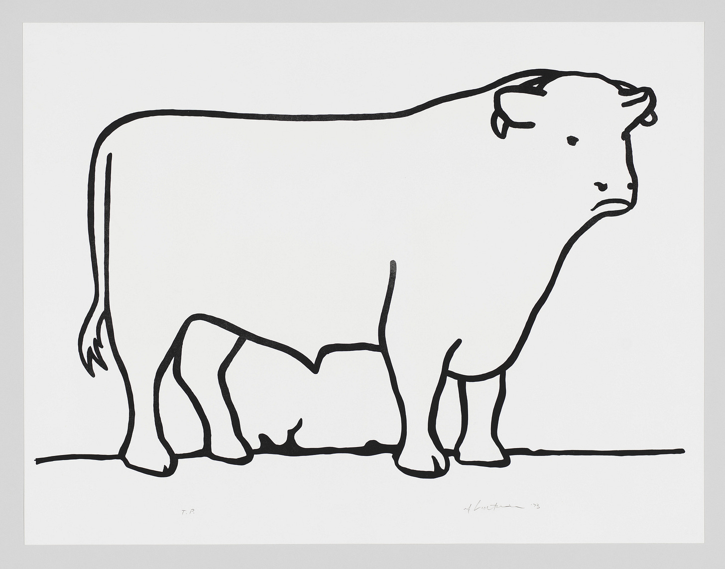 Simple black outline drawing of a cow standing, with a person lying underneath between its legs.