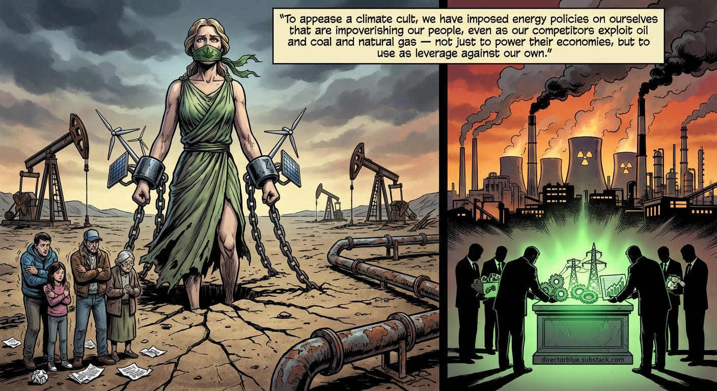  Image PromptFrank Miller graphic novel style full color allegorical and darkly satirical A towering female figure representing Western civilization stands chained  her wrists bound by massive iron shackles shaped like wind turbines and sola_image_1
