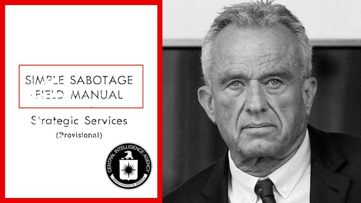 A document cover titled "Simple Sabotage Field Manual" with "Strategic Services (Provisional)" text and a Central Intelligence Agency seal. A black-and-white portrait of an older man in a suit and tie.