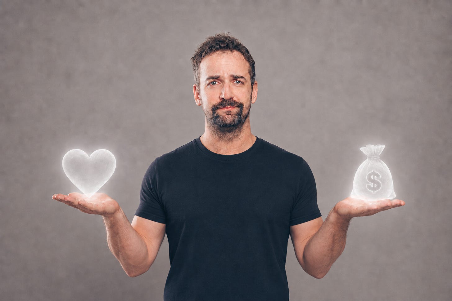 A man holding both palms up, a glowing heart above the left hand and a glowing money bag above the right, looking conflicted
