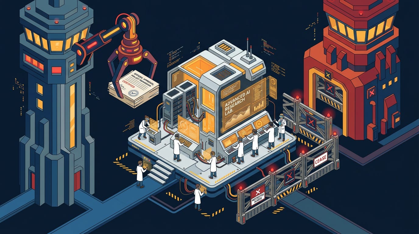 Flat isometric illustration of a frontier AI laboratory positioned between two massive government control towers, one extending approval documents while the other lowers restriction barriers around the same AI system, small researchers standing in the middle trying to keep the platform operational, amber, red and blue color palette, clean vector art style, dark background, modern tech editorial aesthetic