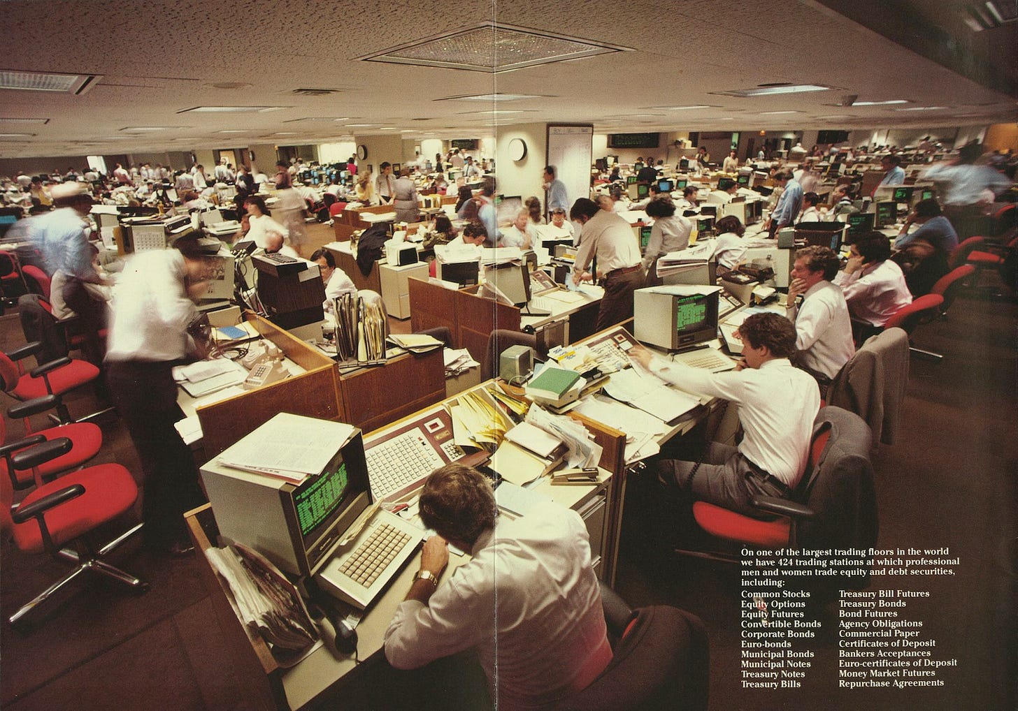 Ticker History 🗞 on X: "Lehman Brothers trading floor (1981) “424 stations  at which professional men and women trade equity and debt securities…”  https://t.co/FK4Di7TMdw" / X
