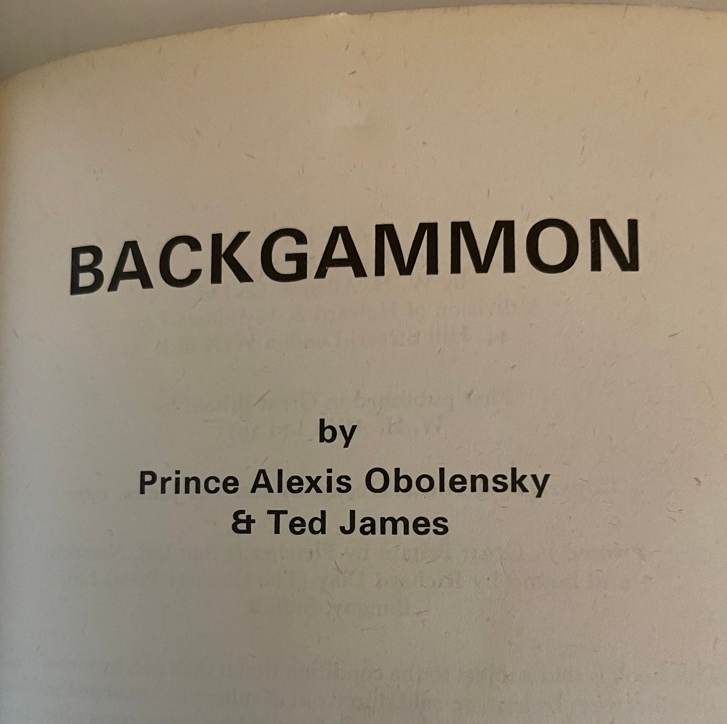 A book title page: "BACKGAMMON. By Prince Alexis Obolensky and Ted James"