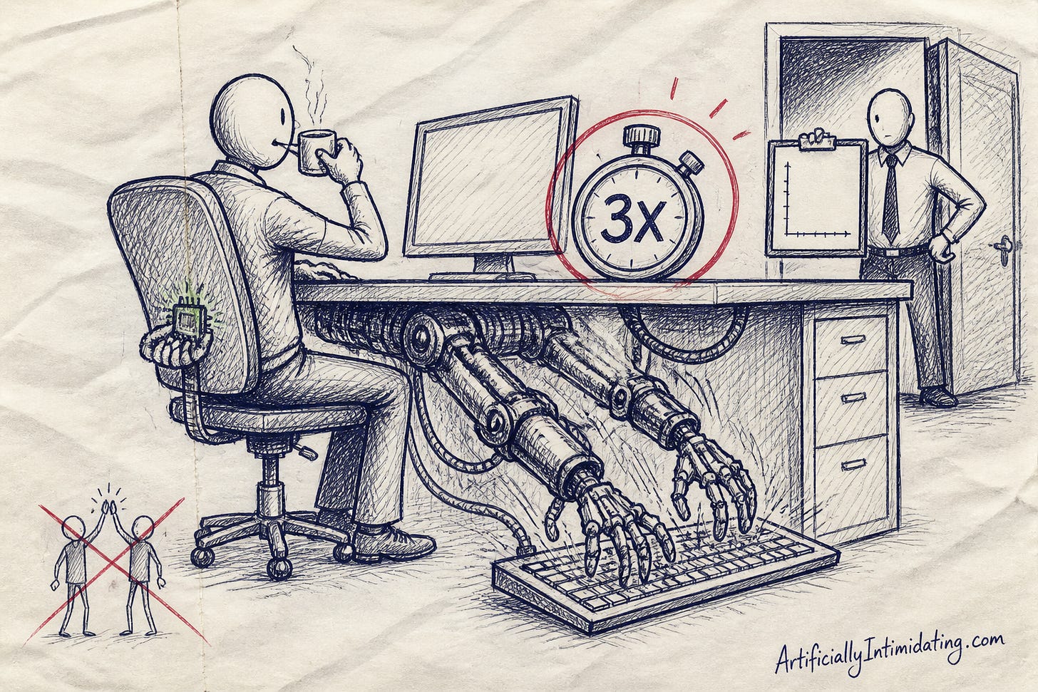 An office worker sipping coffee while a robot arm under the desk types furiously and a manager looks at an empty chart, with a stopwatch showing 3X.