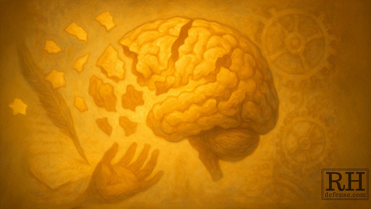 Golden, painterly scene: a large translucent brain made of puzzle-like fragments floats above an open law book; several pieces drift away like torn paper. A quill and an outstretched hand reach toward the fragments; faint clockwork gears appear in the background. Warm, early-morning golds and ochres give the image a stitched, reconstructive feel. Golden, painterly scene: a large translucent brain made of puzzle-like fragments floats above an open law book; several pieces drift away like torn paper. A quill and an outstretched hand reach toward the fragments; faint clockwork gears appear in the background. Warm, early-morning golds and ochres give the image a stitched, reconstructive feel.